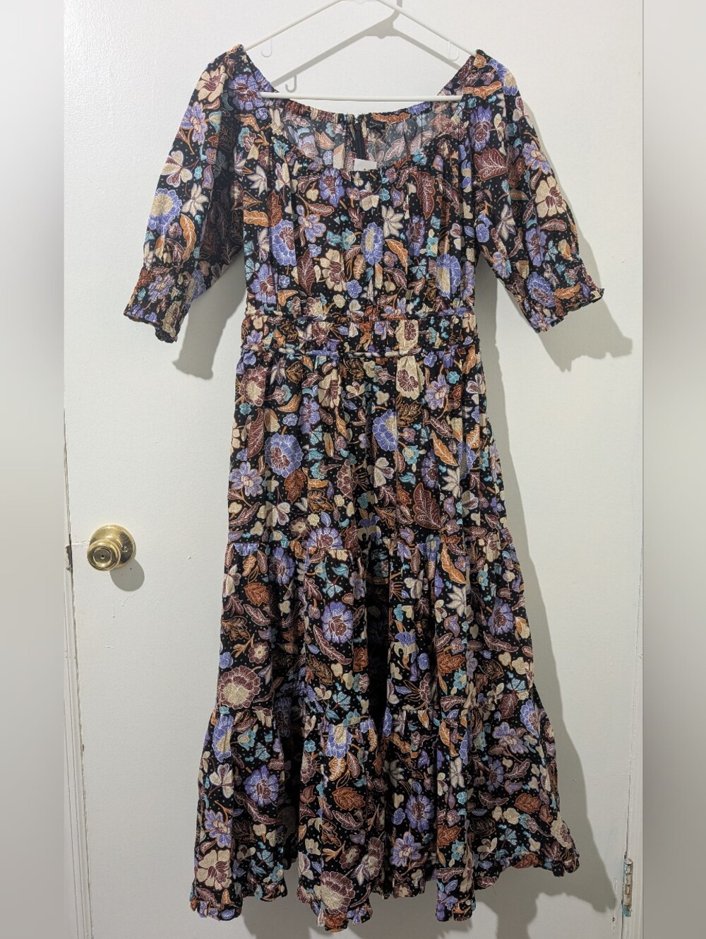 Ann Taylor Black Floral Tiered Midi Dress with Lavender Accents